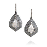 Todd Reed earrings with Fancy cut diamonds(~10ct), silver brilliant cut diamonds (~3.64ct), palladium, and sterling silver with patina.